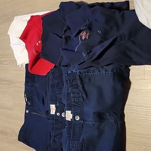 School uniform bundle, 3 Navy blue pants; 4 polo shirts 1 white, 1 red, 2 Navy